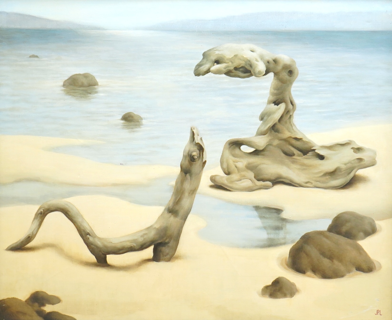 JPL monogrammist, study of driftwood on a beach, monogrammed, contemporary oil on canvas, 61 x 74cm